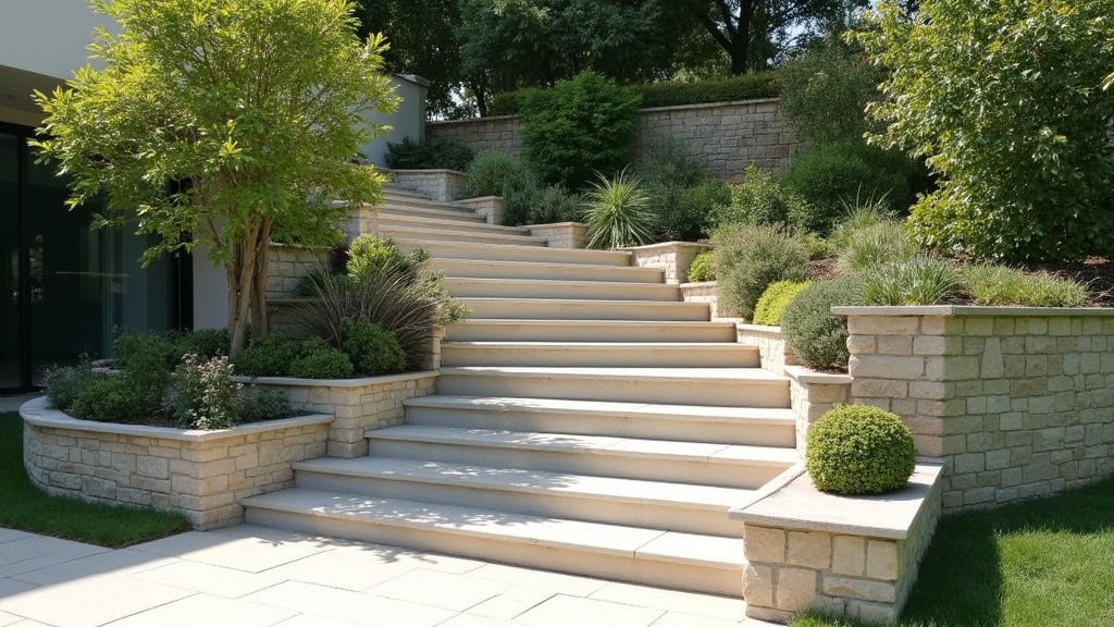Monte escalier extérieur installé dans un jardin à Maffliers