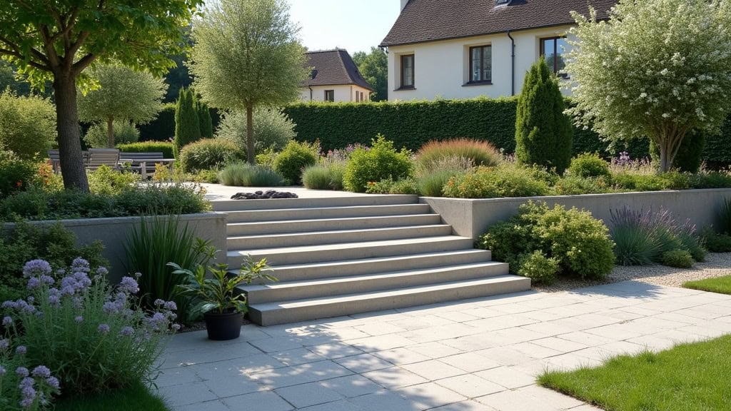 Monte escalier extérieur installé dans un jardin à Saint-Évarzec, fonctionnant par temps de pluie