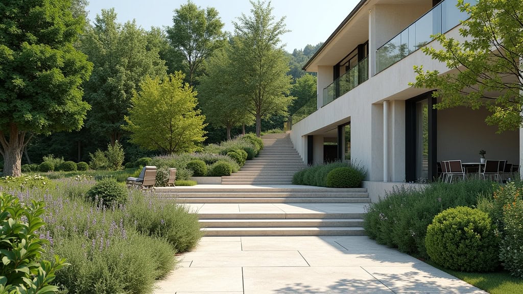 Monte-escalier extérieur installé dans un jardin à Saint-Julien-de-Coppel