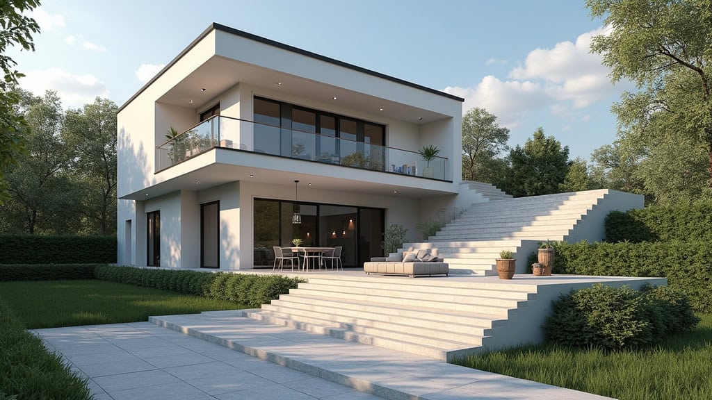 Monte escalier extérieur installé devant une maison à Grainville-la-Teinturière