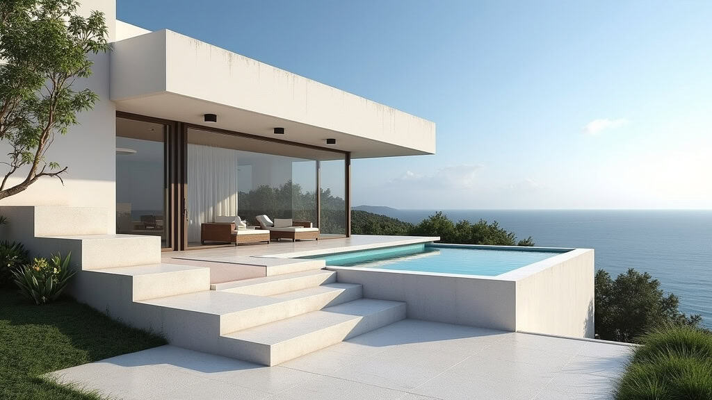 Monte-escalier extérieur installé devant une maison à Le Faou avec vue sur le littoral