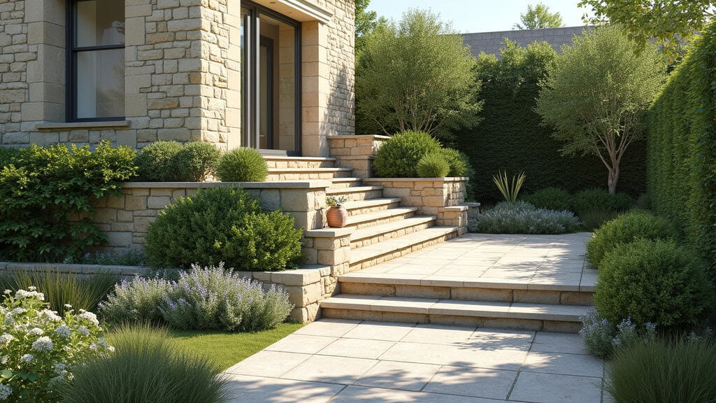 Monte-escalier extérieur installé sur un escalier en pierre donnant accès à un petit jardin à Charenton-le-Pont