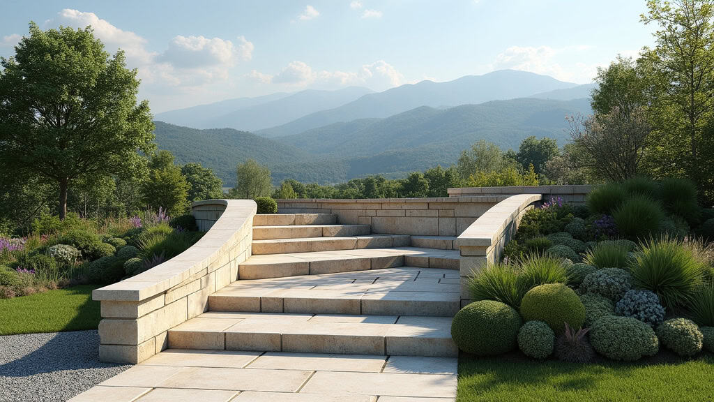 Monte-escalier extérieur installé sur un escalier de jardin en pierre à Latour-Bas-Elne, avec vue sur les montagnes