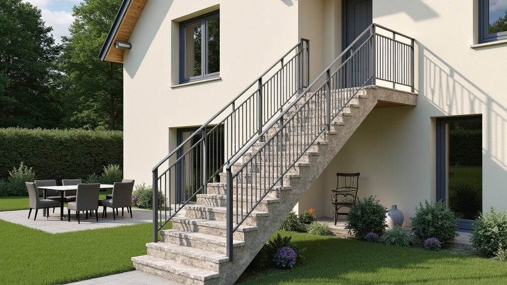 Monte-escalier extérieur installé sur un escalier de pierre menant au jardin d’une maison traditionnelle à Boeil-Bezing, avec rail en aluminium et siège gris