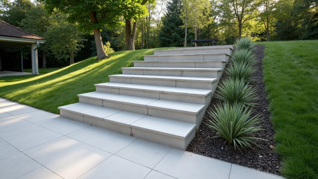 Monte-escalier extérieur installé sur un escalier en béton menant à un jardin à Blénod-lès-Pont-à-Mousson