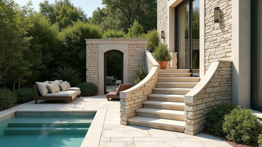 Monte-escalier extérieur installé sur un escalier en pierre menant à une terrasse à Abbaretz, avec vue sur le jardin