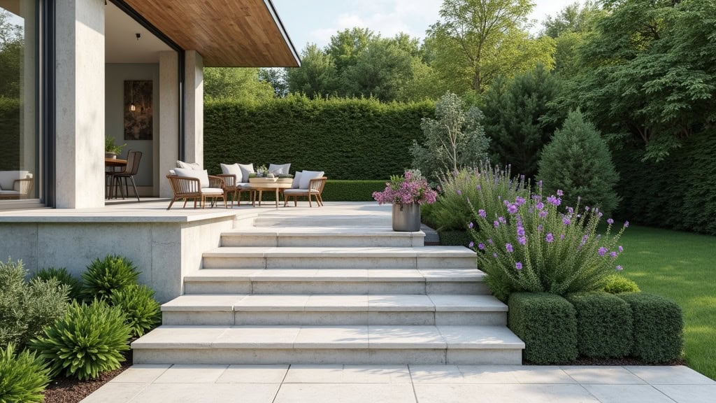 Monte-escalier extérieur installé sur un escalier extérieur menant à un jardin à Anstaing