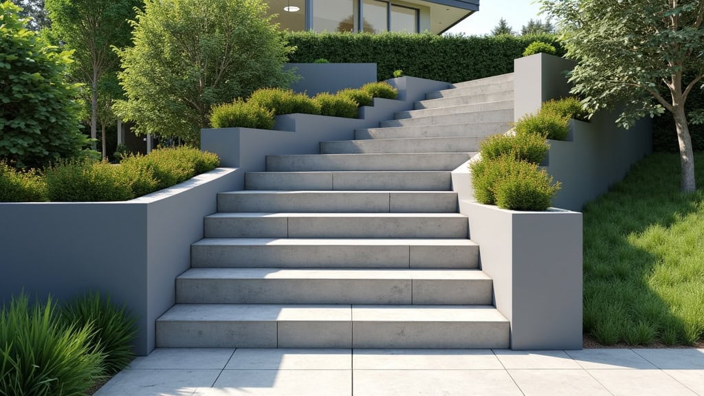 Monte-escalier extérieur installé sur un escalier menant au jardin à Montreuil-Juigné