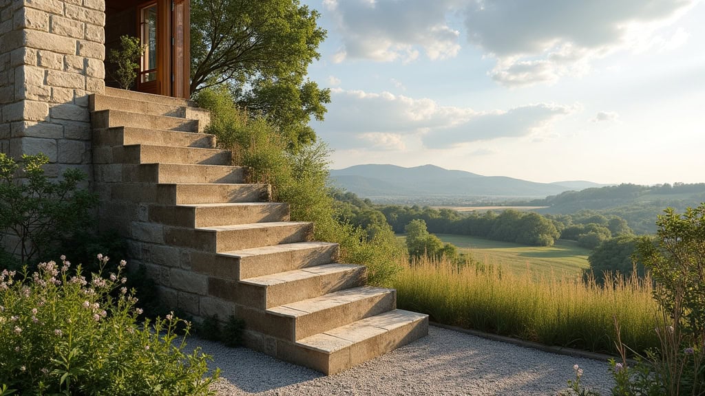 Monte-escalier extérieur installé sur un perron à Champagné-les-Marais, en milieu rural avec vue sur la campagne