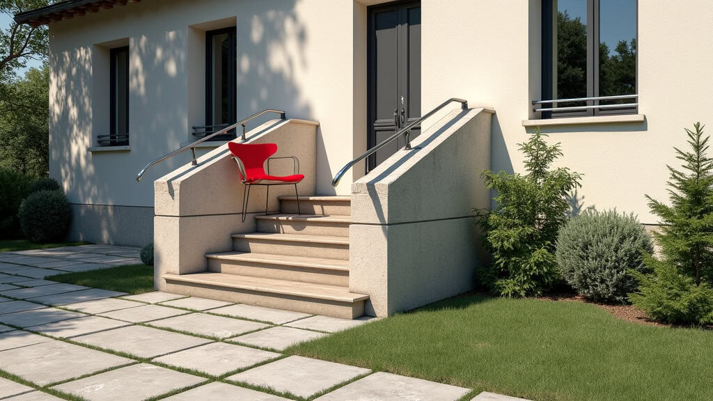 Monte escalier extérieur installé sur un perron en pierre à Bagneux, avec un siège rouge et un rail métallique, face à une maison traditionnelle