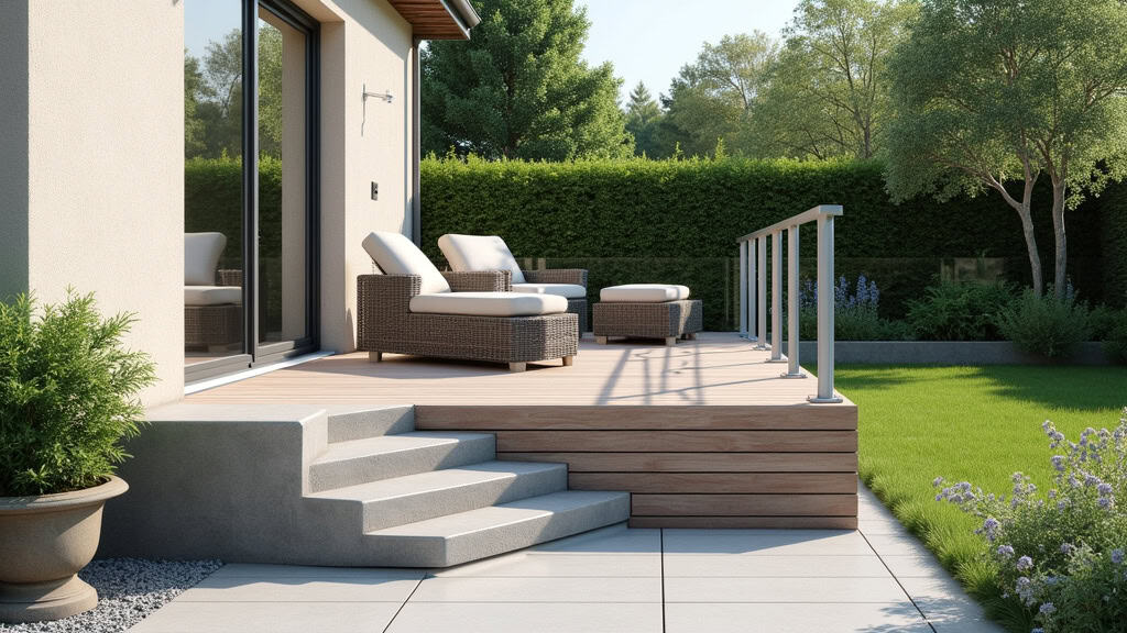 Monte-escalier extérieur installé sur un petit escalier en béton menant à une terrasse en bois, siège en tissu imperméable, rail en aluminium, vue depuis le jardin à Chalais