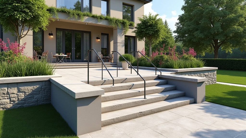 Monte-escalier extérieur installé sur une entrée en pierre à Cousances-les-Forges, avec rail en aluminium et siège ergonomique, face à un jardin fleuri