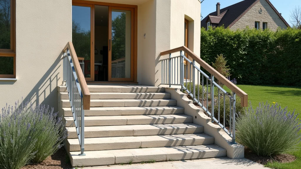 Monte-escalier extérieur installé sur une entrée en pierre naturelle à Charbonnières-les-Vieilles, avec rail en acier inoxydable et siège ergonomique