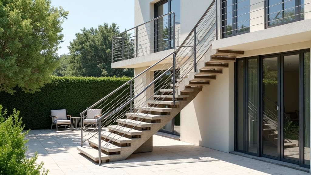 Monte-escalier extérieur installé sur une terrasse à Beaulieu-sur-Loire, résistant aux pluies et à la chaleur