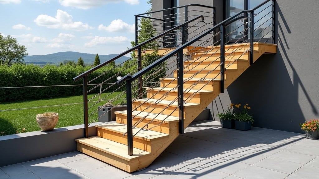 Monte-escalier extérieur installé sur une terrasse à Reichstett, en bois clair et rail noir résistant aux intempéries