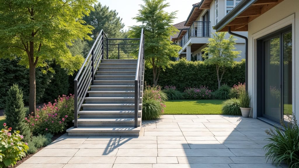 Monte-escalier extérieur installé sur une terrasse en pierre à Bidache, avec rail en aluminium et siège pliant, face à un jardin fleuri