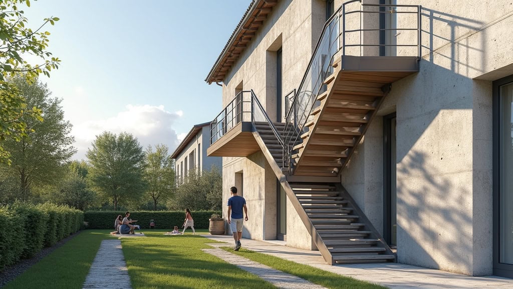 Monte-escalier extérieur résistant aux intempéries installé sur un escalier en pierre à Colombiers, avec un utilisateur en train de monter vers l