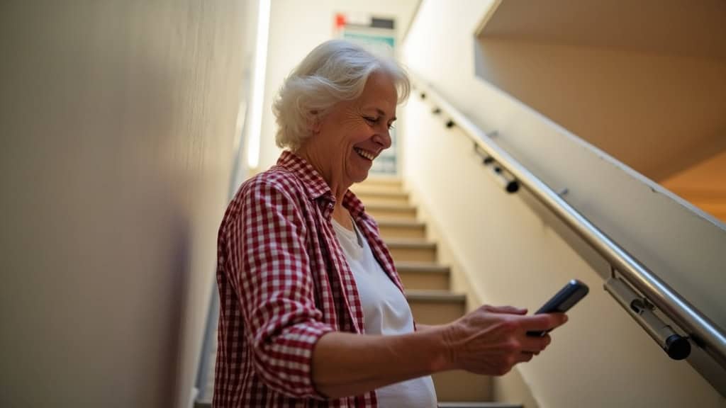 Personne âgée utilisant un monte-escalier tournant à Eymeux, souriante, avec repose-pieds ajustés et télécommande en main, dans un intérieur chaleureux et bien éclairé
