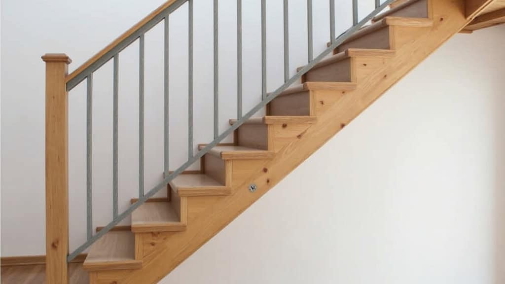 Monte-escalier droit installé sur un escalier en bois dans une maison à Fagnières, avec un siège gris et rail en aluminium foncé