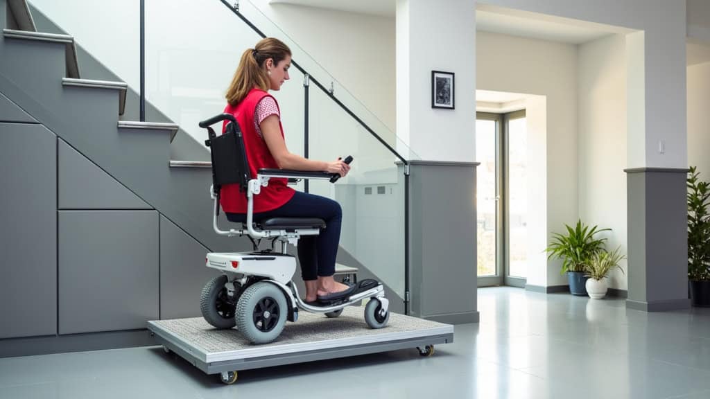 Plateforme monte-escalier transportant un fauteuil roulant sur un escalier droit à Fagnières, avec utilisateur en veste rouge