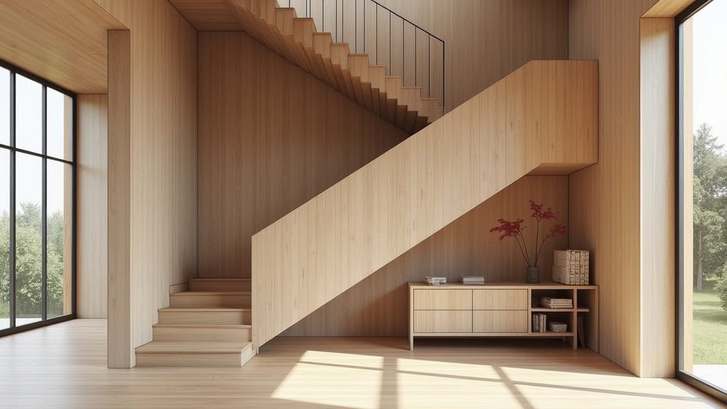 Monte-escalier intégré dans un intérieur traditionnel de Fareins, avec bois clair et murs en plâtre