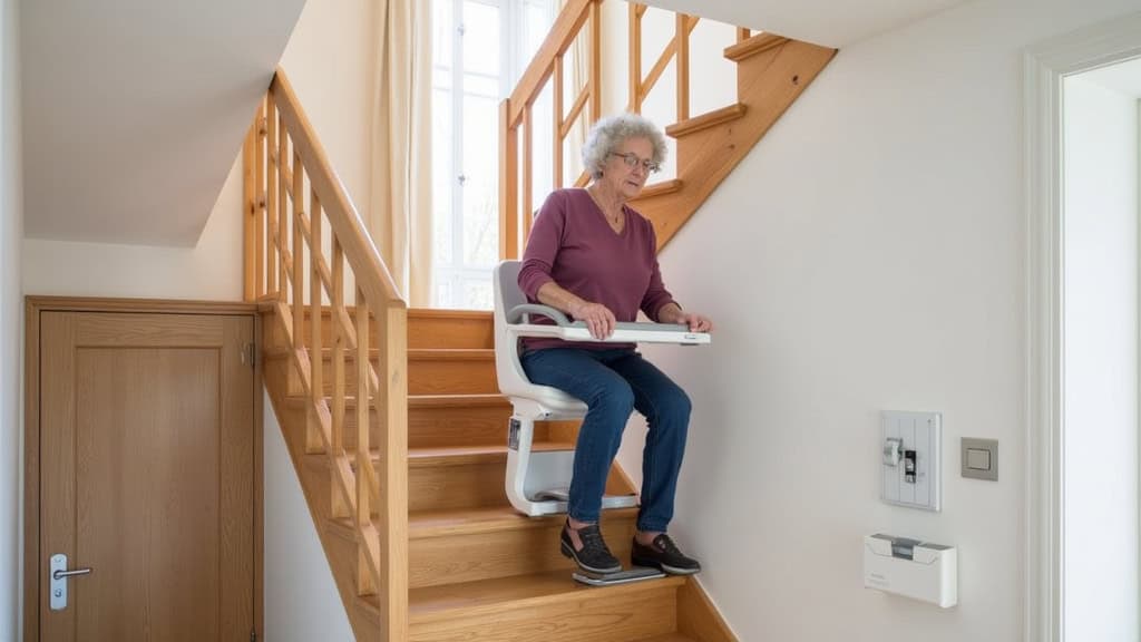 Monte-escalier installé sur un escalier droit en bois dans une maison à Feillens, avec personne âgée utilisant le siège en toute sécurité
