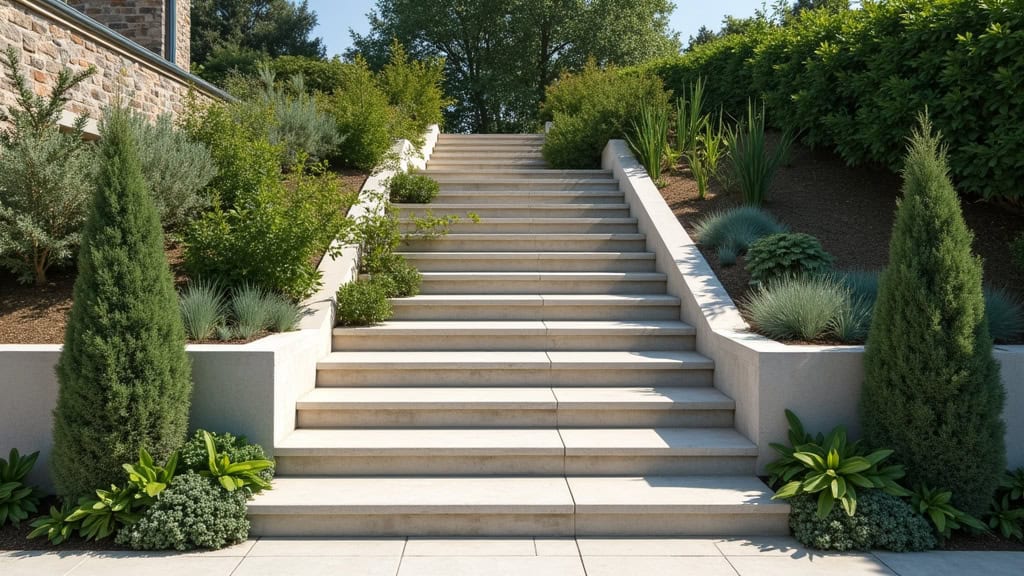 Monte-escalier extérieur installé sur un escalier en pierre menant au jardin d