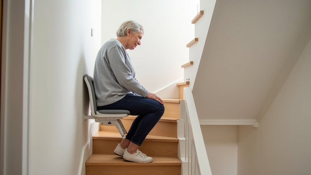 Personne âgée utilisant un monte-escalier courbe avec siège pivotant pour monter les escaliers chez elle à Feins