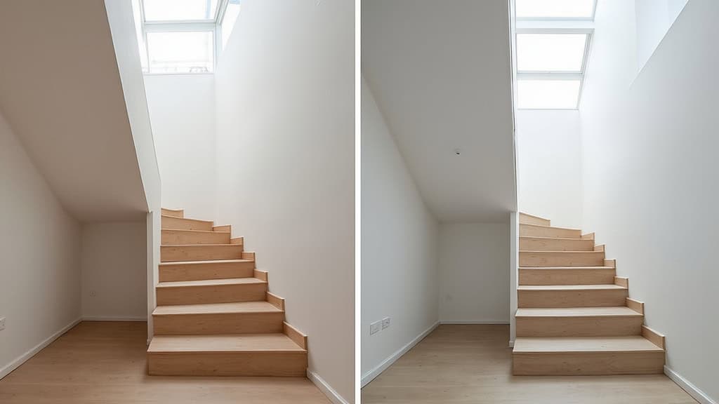 Comparaison avant-après : escalier vide et escalier avec monte-escalier installé dans une maison de Féternes, montrant l