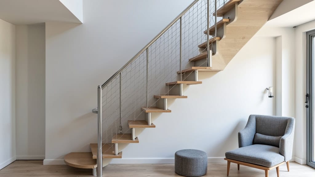 Installation d’un monte-escalier droit dans une maison traditionnelle à Feuguerolles-Bully, avec rail en aluminium et siège en tissu gris