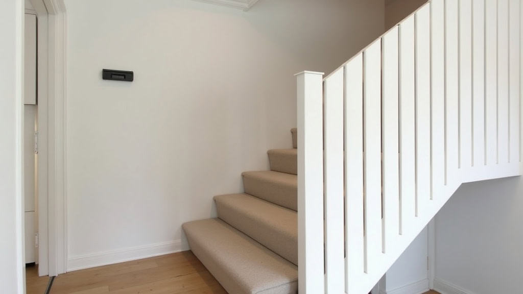 Monte-escalier tournant installé dans une maison de Feuguerolles-Bully, avec rail blanc et siège en tissu beige, intégré harmonieusement dans l