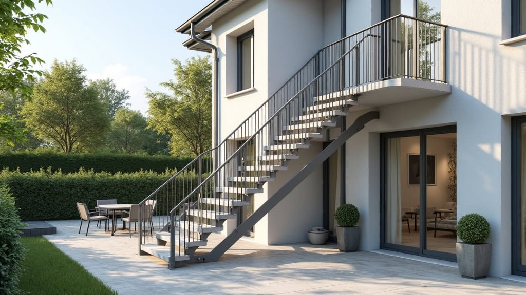 Monte-escalier extérieur installé à l’entrée d’une maison à Feuguerolles-Bully, résistant aux intempéries, avec rail en aluminium et siège pliable