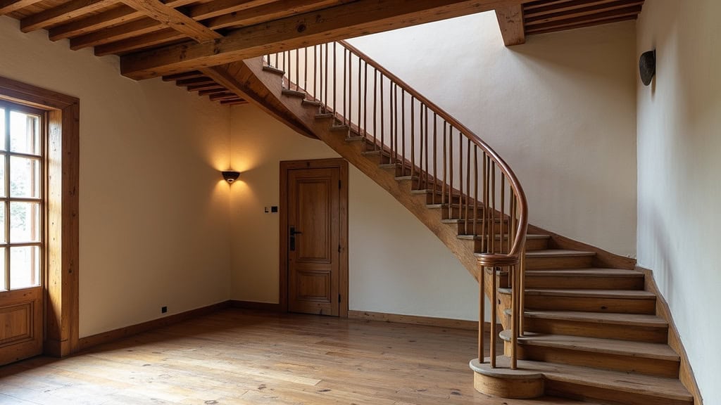 Monte-escalier tournant installé sur un escalier en bois avec un virage à 90 degrés dans une maison ancienne de Feuquières
