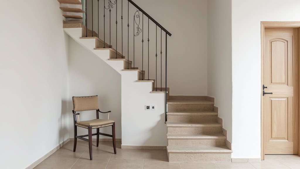 Installation d’un monte-escalier droit dans une maison traditionnelle à Figari, avec un rail fixé sur les marches en pierre et un siège en métal et tissu beige