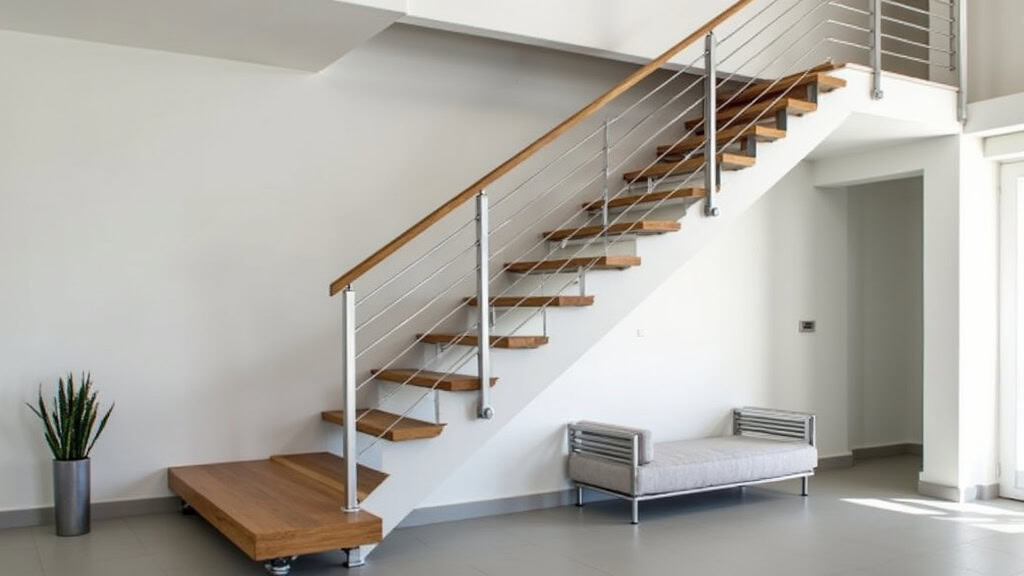 Monte-escalier tournant installé dans une maison traditionnelle à Flassans-sur-Issole, avec rail en aluminium et siège en tissu gris