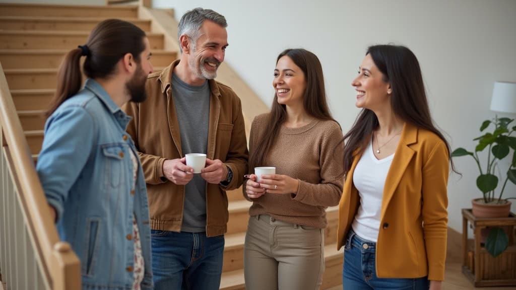 Famille souriante avec un aîné utilisant un monte-escalier à Flaviac, dans un salon chaleureux, en train de partager un moment de convivialité