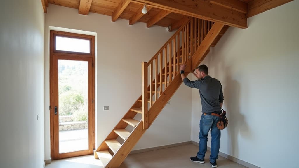 Technicien en train d’installer un monte-escalier dans une maison traditionnelle de Flavignac