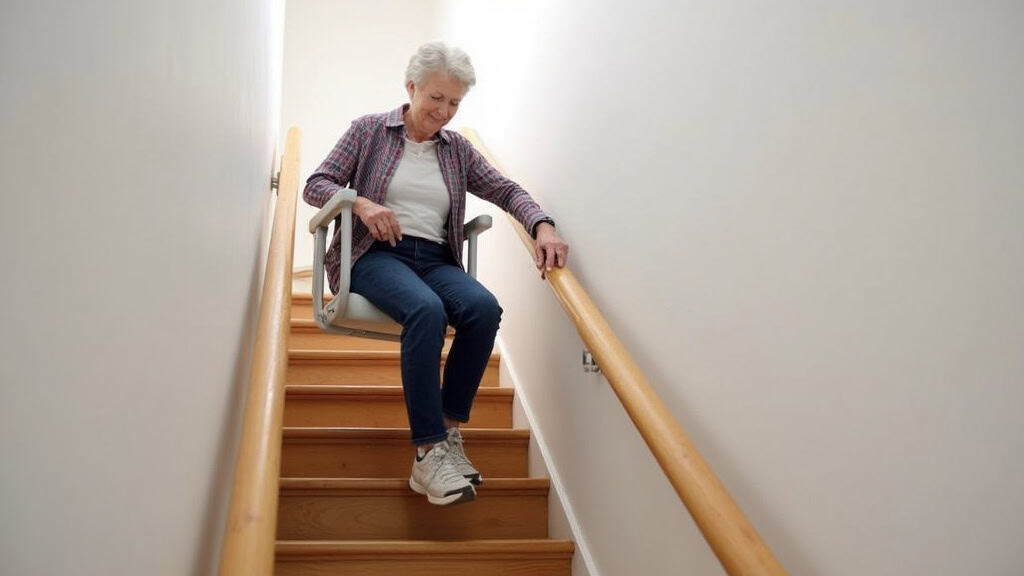 Monte-escalier en siège installé sur un escalier en bois à Flavin, avec personne âgée qui monte en toute sécurité