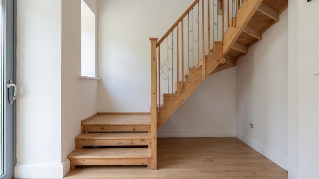 Monte-escalier droit installé sur un escalier en bois à Flers-en-Escrebieux, avec siège gris et rail fin intégré