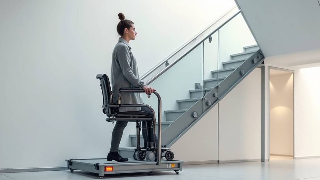 Plateforme monte-escalier transportant un fauteuil roulant sur un escalier en colimaçon, avec système de sécurité intégré