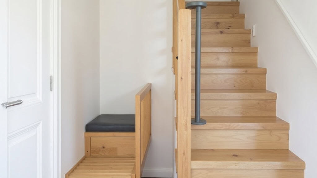 Monte-escalier droit installé dans une maison à Fleury, en bois clair, avec un siège gris, intégré discrètement sur les marches. L