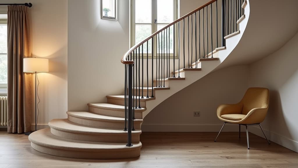 Monte-escalier tournant installé dans une maison ancienne à Fleury, avec un virage à 90 degrés. Le rail est en aluminium gris foncé, parfaitement ajusté aux marches en bois. Le siège est en tissu beige, avec accoudoirs rembourrés. L’ambiance est chaleureuse, avec rideaux aux fenêtres et lampe d’appoint.
