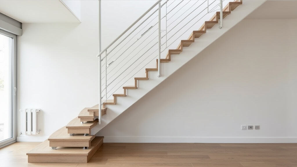 Monte-escalier tournant installé dans une maison de Fléville-devant-Nancy, avec virage à 90 degrés et rail blanc intégré aux marches