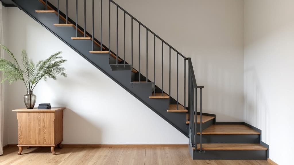 Monte-escalier droit installé dans une maison traditionnelle de Fontenay-le-Marmion avec escalier en bois et rampe en aluminium gris