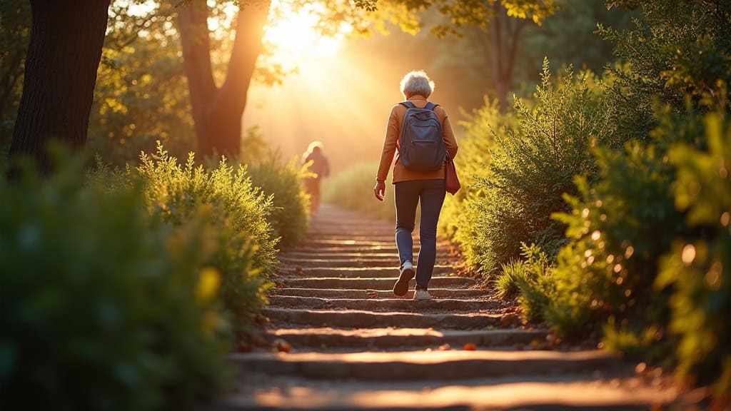 Personne âgée utilisant un monte-escalier à Fontenilles le matin pour descendre prendre son petit-déjeuner, lumière naturelle, ambiance chaleureuse