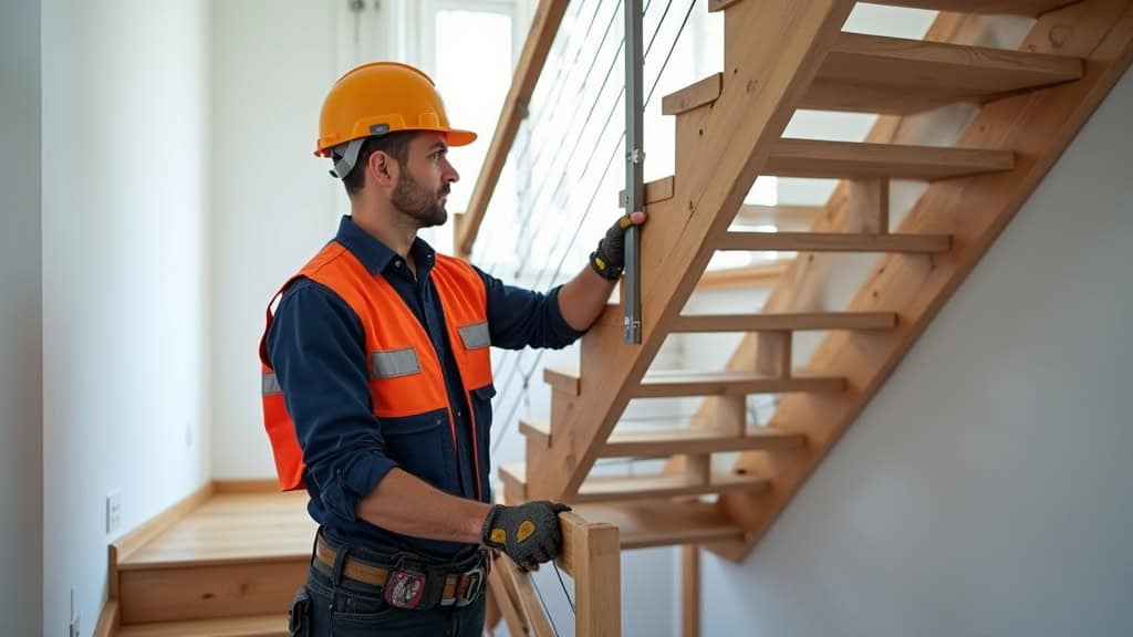 Technicien professionnel en train d’installer un rail de monte-escalier dans une maison de Fortschwihr