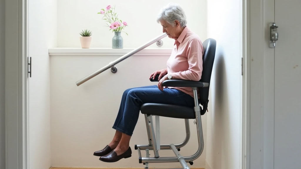 Siège de monte-escalier confortable avec accoudoirs intégrés, utilisé par une personne âgée en toute sécurité