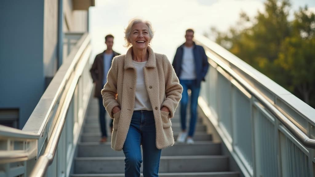 Personne âgée utilisant un monte-escalier à Fougeré, souriante, en train de descendre les marches en sécurité