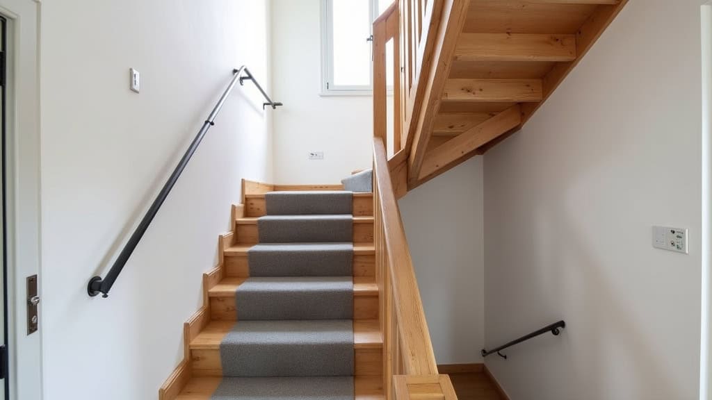 Monte-escalier droit installé sur un escalier en bois dans une maison traditionnelle de Fraisans, siège en tissu gris, rail en aluminium