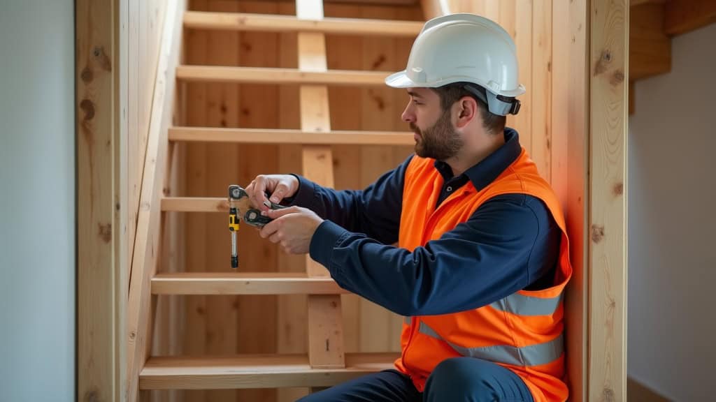 Technicien en train de mesurer un escalier en bois à Fraisans avec un mètre ruban, outils posés à côté, casque de sécurité